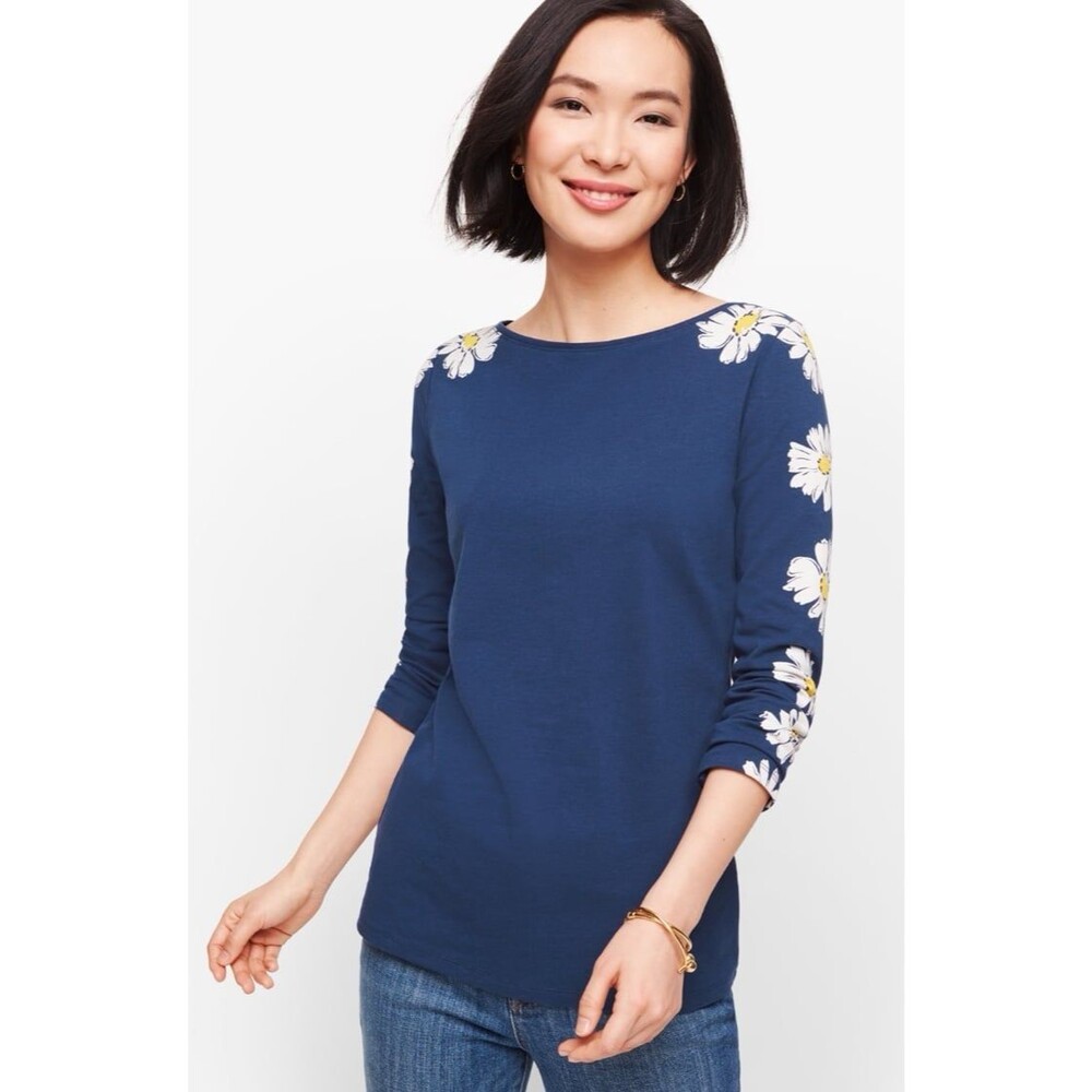 Talbots DAISY COTTON BATEAU NECK Navy TEE women’s Sz Medium 95% Cotton Top